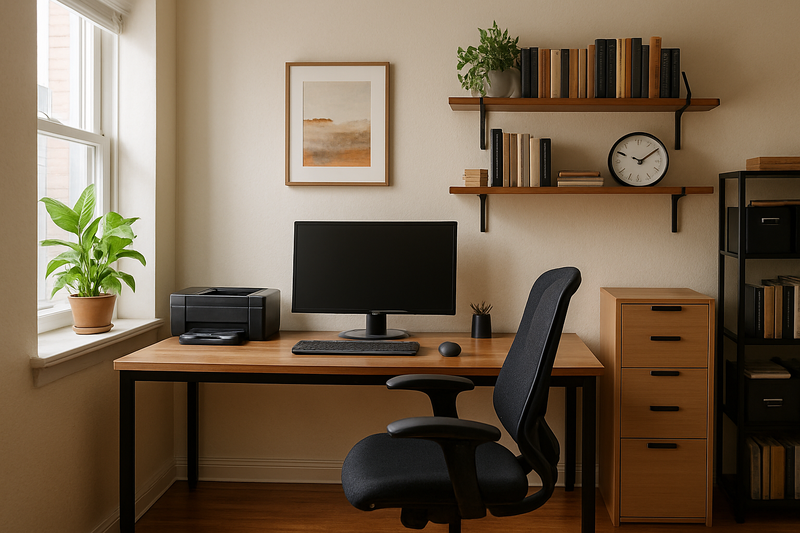 A home office is a designated workspace within a residence specifically tailored for productivity and focus It typically features a comfortable desk and ergonomic chair equipped with essential technology such as a computer printer and highspeed inter-1
