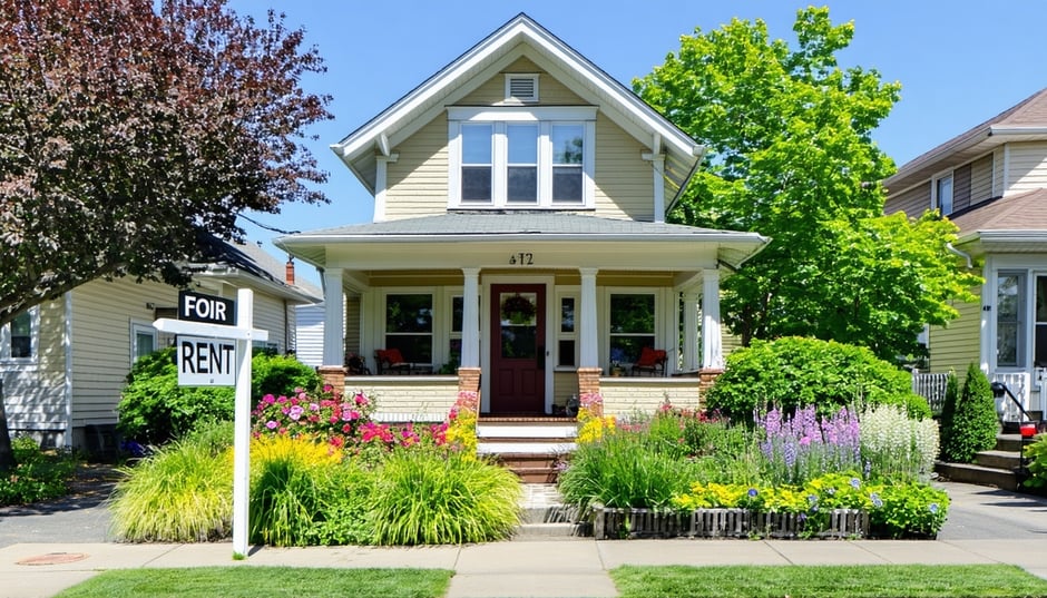 Nestled in a picturesque neighborhood this charming family home features a wellmaintained exterior with a vibrant garden and a welcoming front porch A For Rent sign is prominently displayed drawing attention to the opportunity for new tenants-1